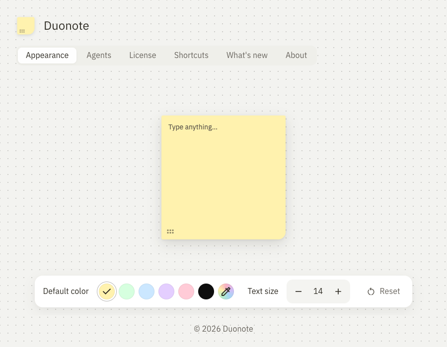 The actual Duonote Appearance settings with a note preview, default color swatches and text-size controls.