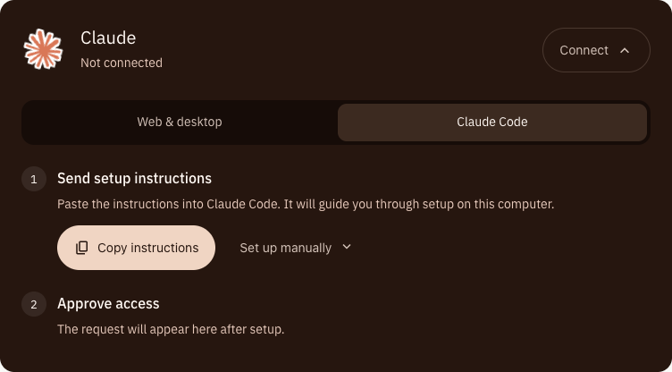 Duonote Agents settings, with Claude Code selected and its Copy instructions and Approve access steps visible.