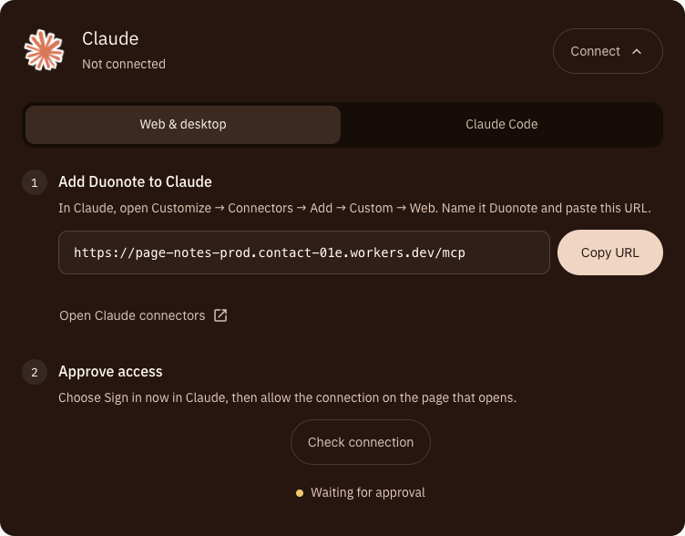 Duonote Agents settings showing the Claude Web & desktop connector URL and approval step.