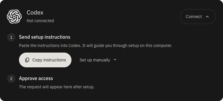 The actual Duonote Codex connection panel with Copy instructions and Approve access steps.