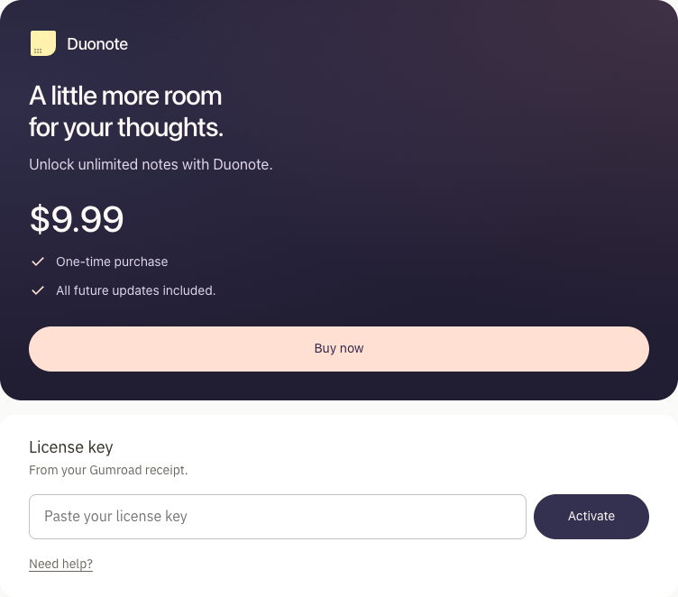 Duonote License settings with one-time pricing and an empty license-key activation field.