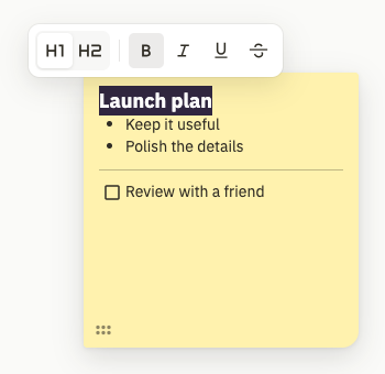 The actual Duonote formatting toolbar above selected text, with Heading 1, Heading 2, bold, italic, underline and strikethrough.