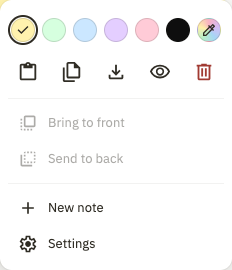 The actual Duonote note menu, with colors, copy, duplicate, download, hide, delete and arrangement controls.