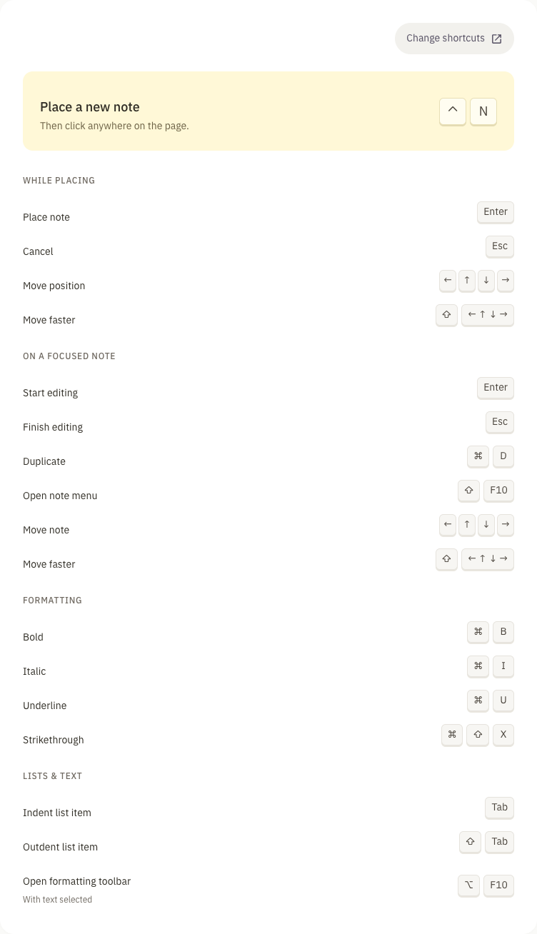 The Duonote Shortcuts screen on macOS, with the configured New note shortcut and controls for placement, editing and formatting.